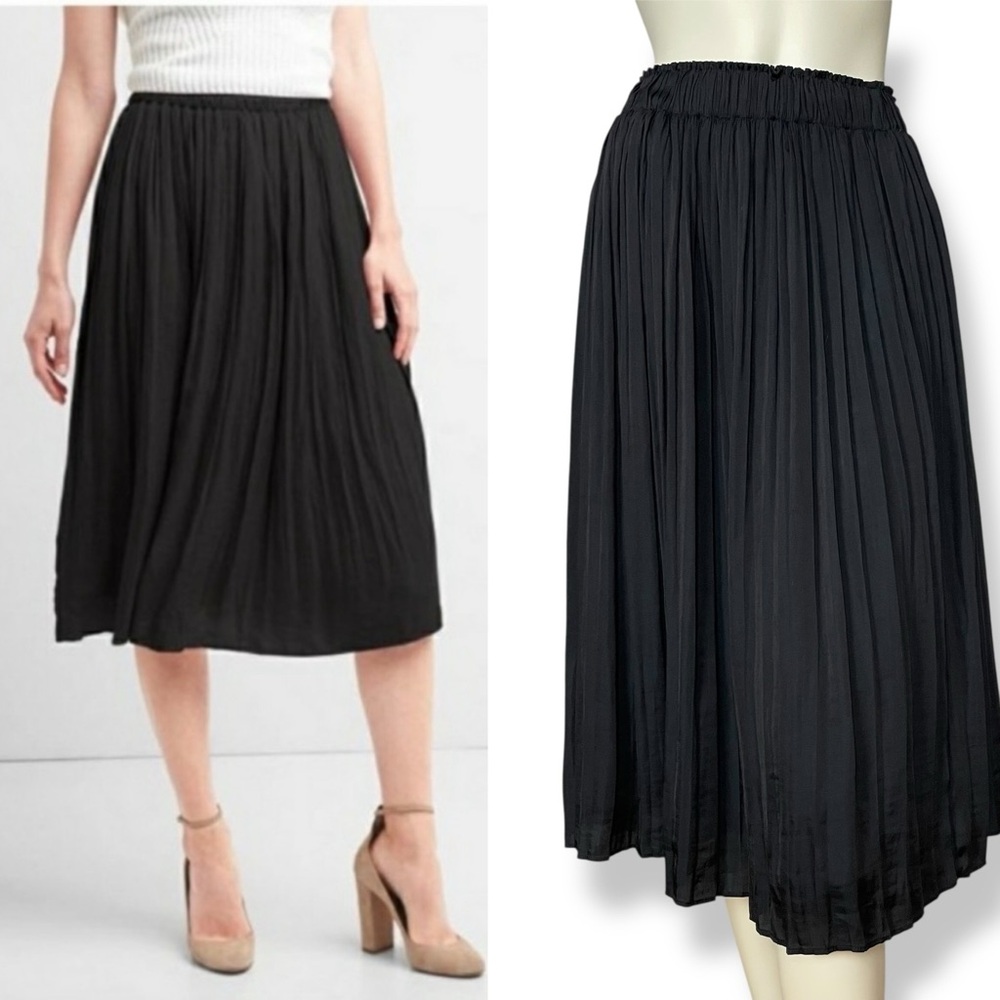 GAP Pleated Skirt Midi Black Lined Women XS Elastic Waist Easy to Wear Polyester
